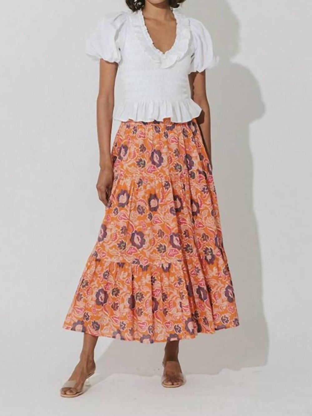 Cleobella Orange Floral Tiered Maxi Skirt with Pockets Fully Lined 100% Cotton
